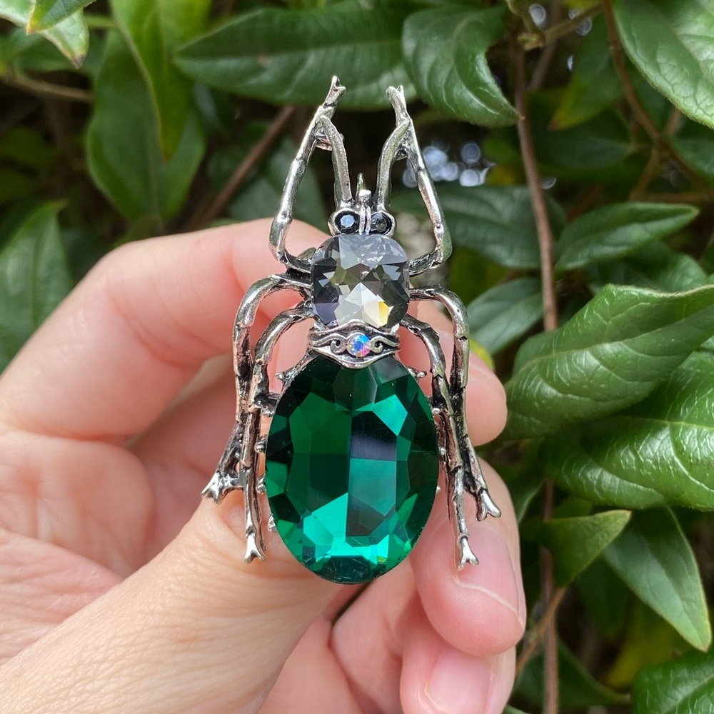 Vintage Inspired Beetle Brooch, Sparkling Green and Gray Jewels, Lightwe…
